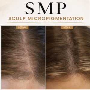Before and after scalp micropigmentation showing improved hair density along the parting. Left: thinning hair; right: fuller appearance.