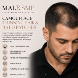 Male model with thinning hair on the right, advertising scalp micropigmentation for thinning hair and bald patches, with a benefits list on the left.