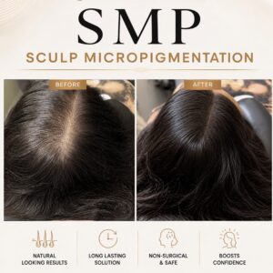 Before-and-after photos of scalp micropigmentation showing improved crown density with the SMP Scalp Micropigmentation header above the images.