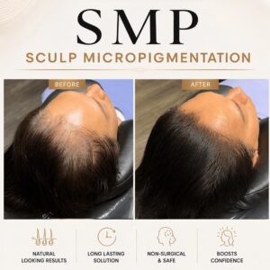 Before and after SMP scalp micropigmentation showing improved density on a man's crown and hairline region