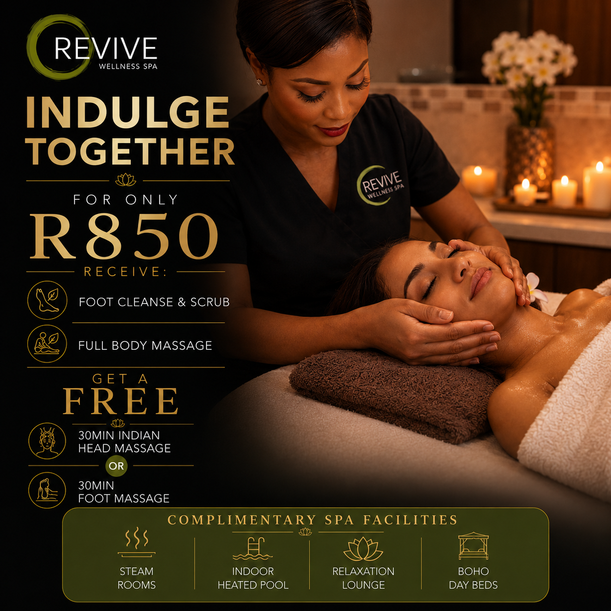 Couples enjoying a relaxing full body massage during a spa day, while friends in a group share rejuvenating treatments. A special promotion highlights the perfect spa day experience for couples and friends to relax and unwind together. ULTIMATE SPA PACKAGE